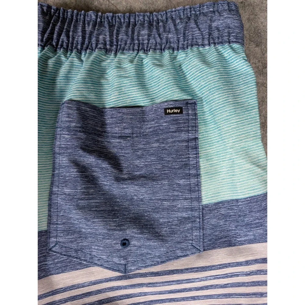 Hurley Mens Striped Board Shorts Blue Grey Elastic Waist Swim Trunks L